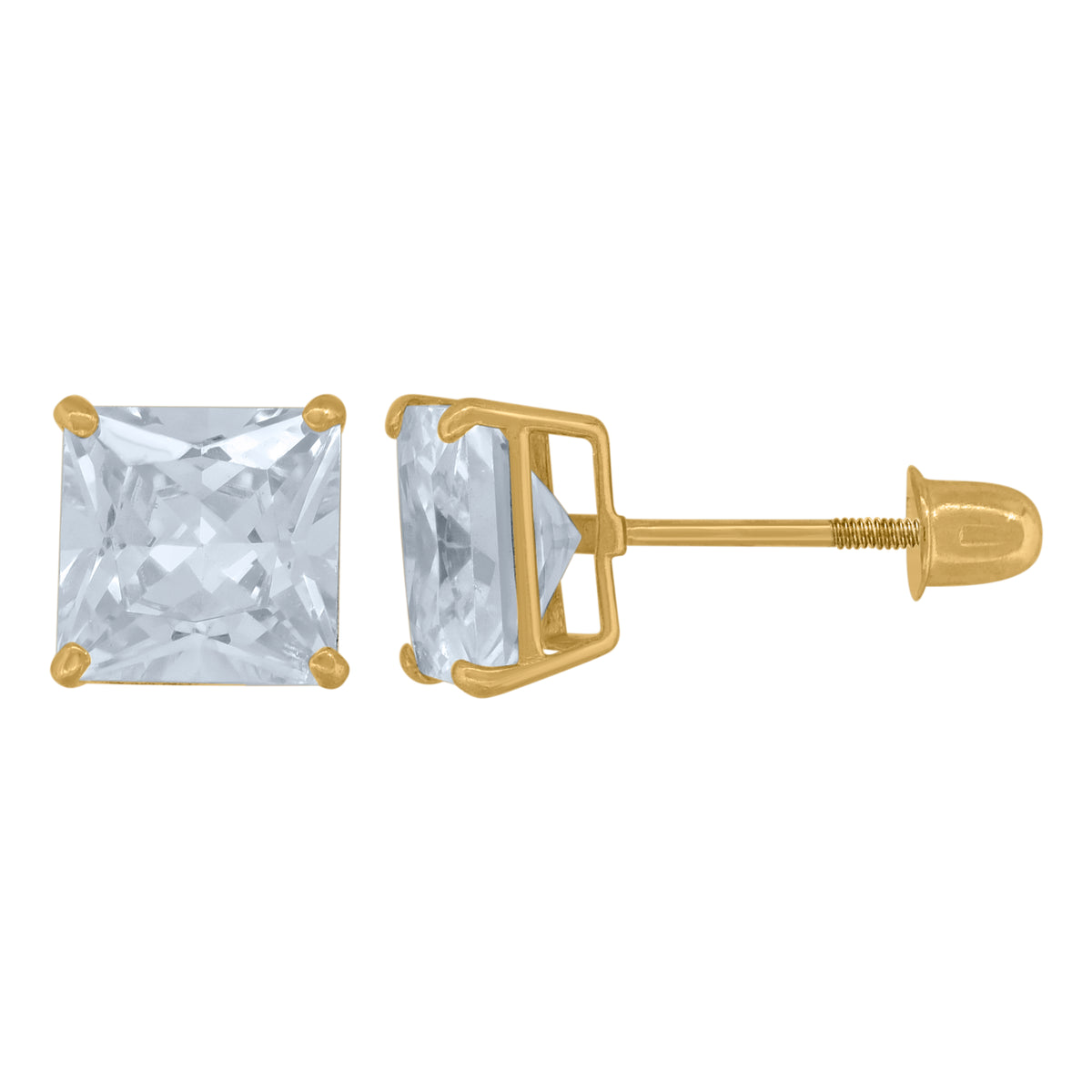 14K 6mm Square Basket Cubic Zirconia Stud With Screwback