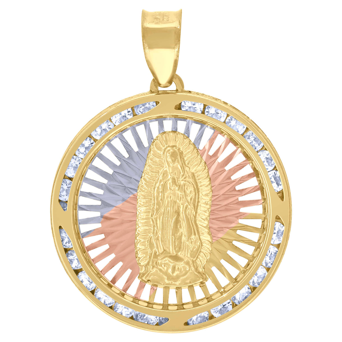 10K Tri-Tone Gold Unisex Cubic Zirconia Cubic-Zirconia Lady Of Guadalupe Religious Pendant