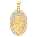 10K Tri-Color Gold Unisex Cubic-Zirconia Textured Santa Barbara Religious Oval Charm Pendant