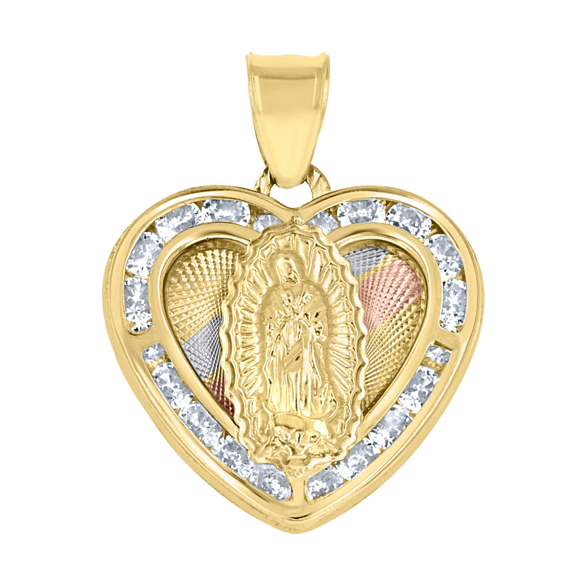 10K Tri-Color Gold Unisex Cubic-Zirconia Diamond-Cut Lady Of Guadalupe Religious Heart Charm Pendant