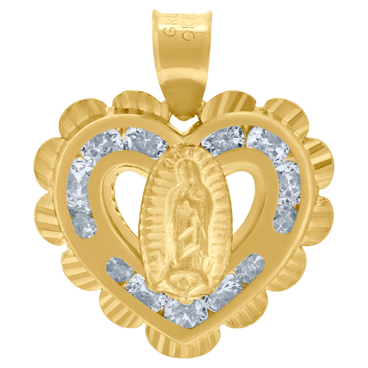 10K Two-Tone Gold Unisex Cubic-Zirconia Textured Lady Of Guadalupe Religious Heart Charm Pendant