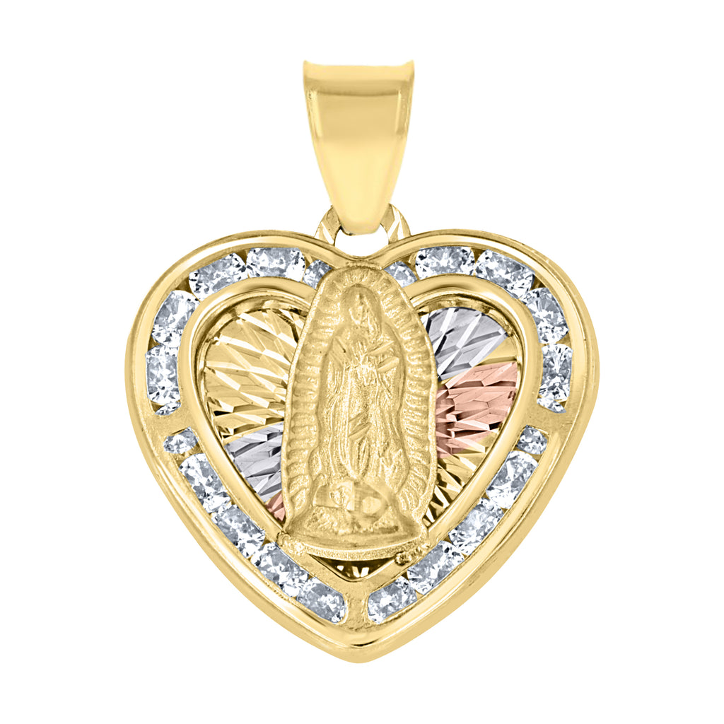 10K Tri-Color Gold Unisex Cubic-Zirconia Diamond-Cut Lady Of Guadalupe Religious Heart Charm Pendant