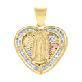 10K Tri-Color Gold Unisex Cubic-Zirconia Diamond-Cut Lady Of Guadalupe Religious Heart Charm Pendant