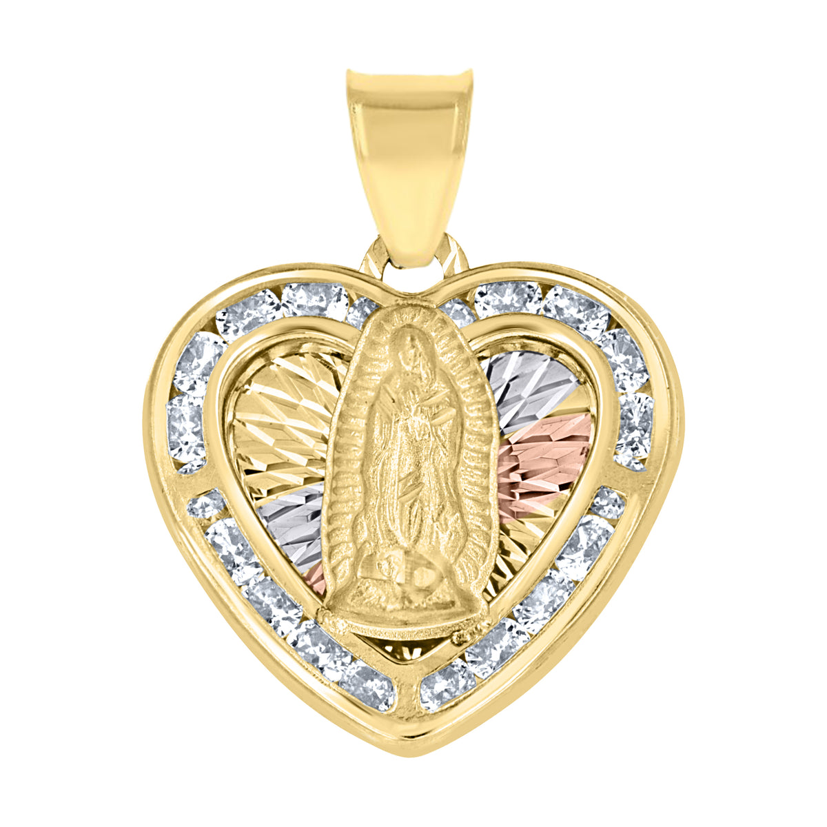 10K Tri-Color Gold Unisex Cubic-Zirconia Diamond-Cut Lady Of Guadalupe Religious Heart Charm Pendant