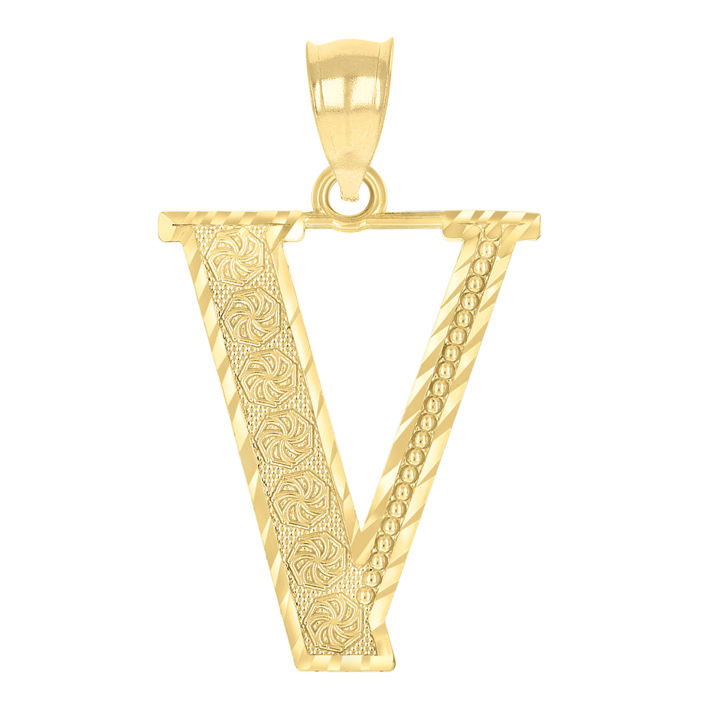 10K Yellow Gold Unisex Diamond-Cut Initial Letter V Charm Pendant