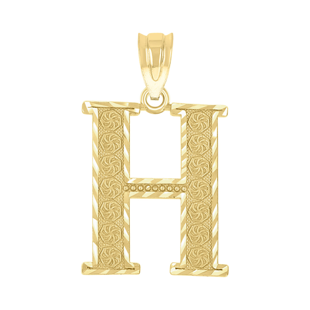 10K Yellow Gold Unisex Diamond-Cut Initial Letter H Charm Pendant
