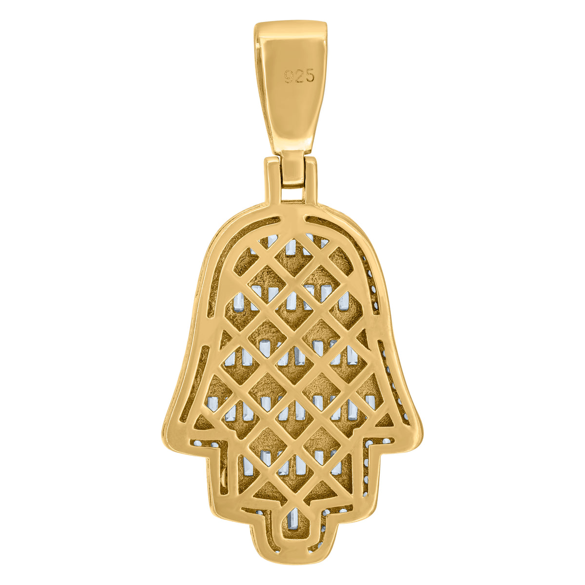 925 Sterling Silver Yellow-Tone Mens Baguette Round Cubic-Zirconia Humsa Symbol Religious Charm Pendant