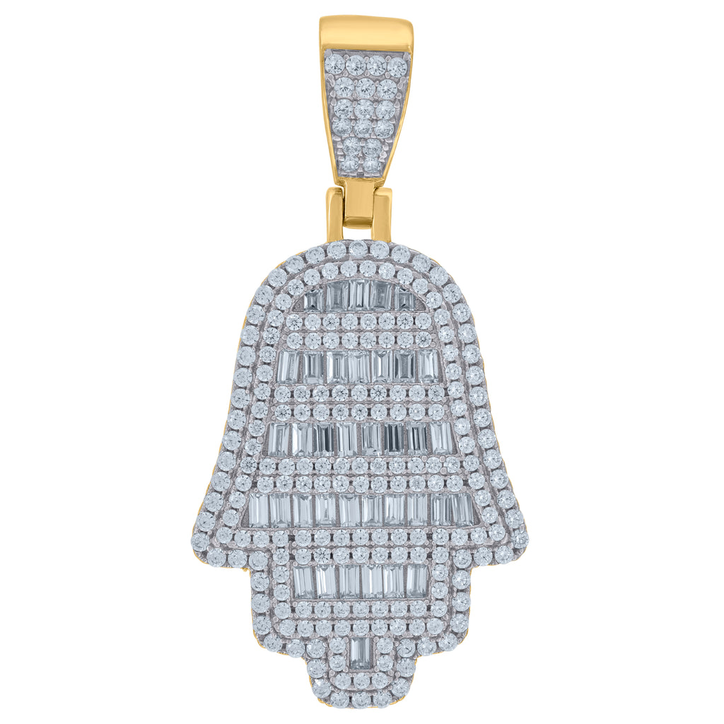 925 Sterling Silver Yellow-Tone Mens Baguette Round Cubic-Zirconia Humsa Symbol Religious Charm Pendant