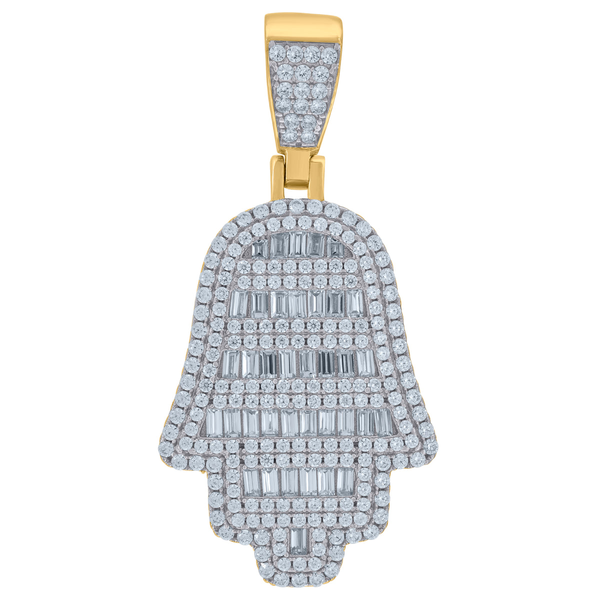 925 Sterling Silver Yellow-Tone Mens Baguette Round Cubic-Zirconia Humsa Symbol Religious Charm Pendant