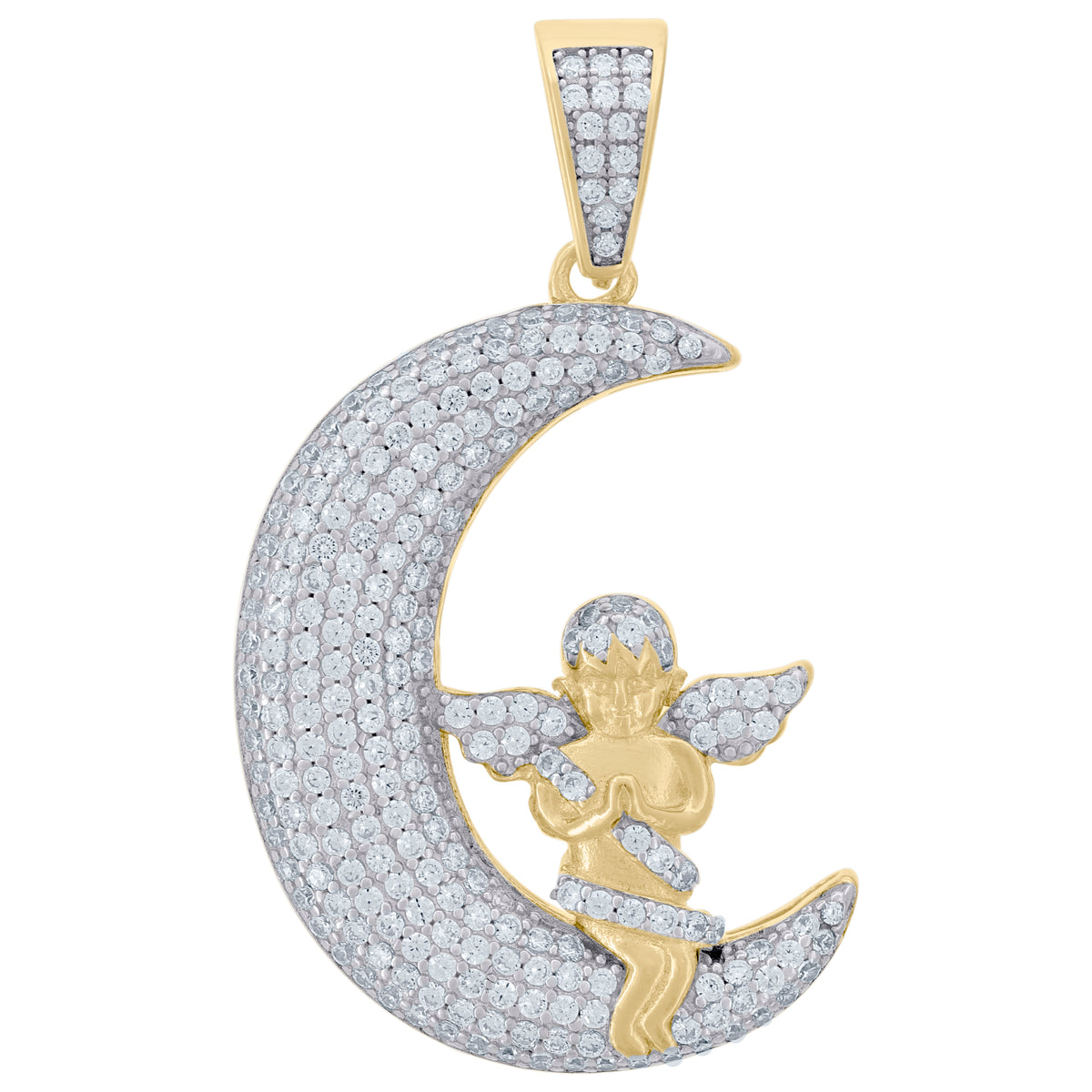 925 Sterling Silver Yellow-Tone Mens Cubic-Zirconia Angle Sitting On Half Moon Charm Pendant