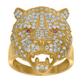 10K Yellow Gold Mens Purple White Cubic-Zirconia Head Panther Animal Wildlife Ring
