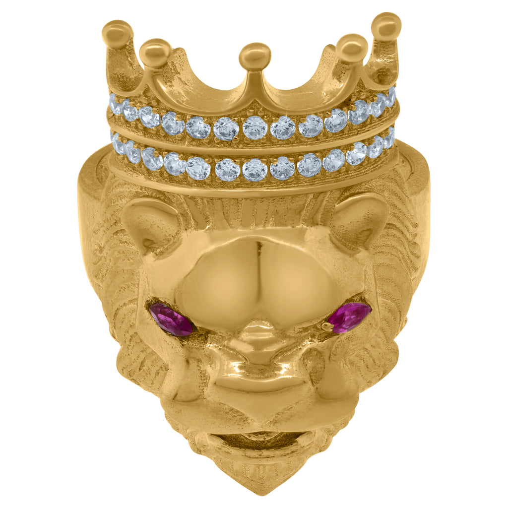 10K Yellow Gold Mens Purple White Marquise Round Cubic-Zirconia Head Leo/Lion Animal Zodiac Sign/Wildlife Ring