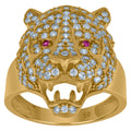 10K Yellow Gold Mens White Pink Cubic Zirconia Tiger Animal Head Ring