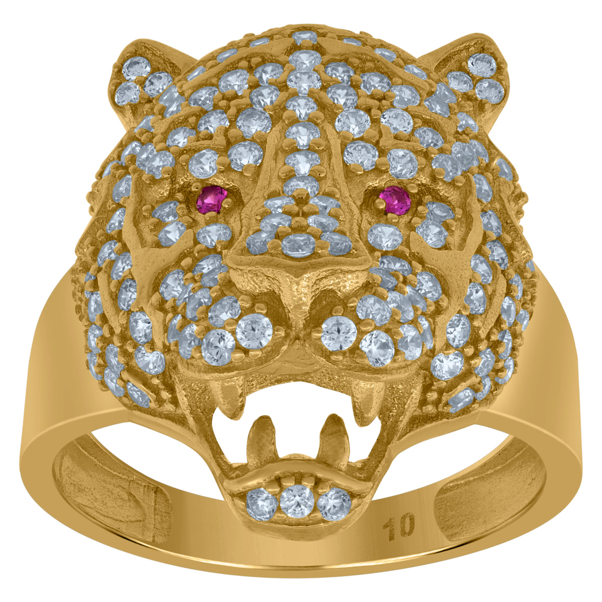 10K Yellow Gold Mens White Pink Cubic Zirconia Tiger Animal Head Ring