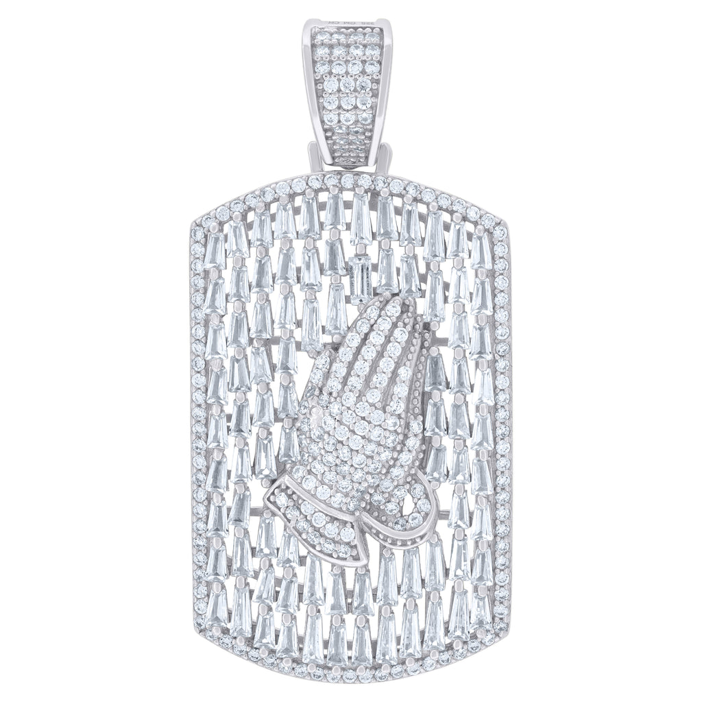 925 Sterling Silver Mens Round & Baguette Cubic-Zirconia Dog Tag Praying Hands Symbol Religious Charm Pendant