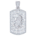 925 Sterling Silver Mens Round & Baguette Cubic-Zirconia Dog Tag Praying Hands Symbol Religious Charm Pendant
