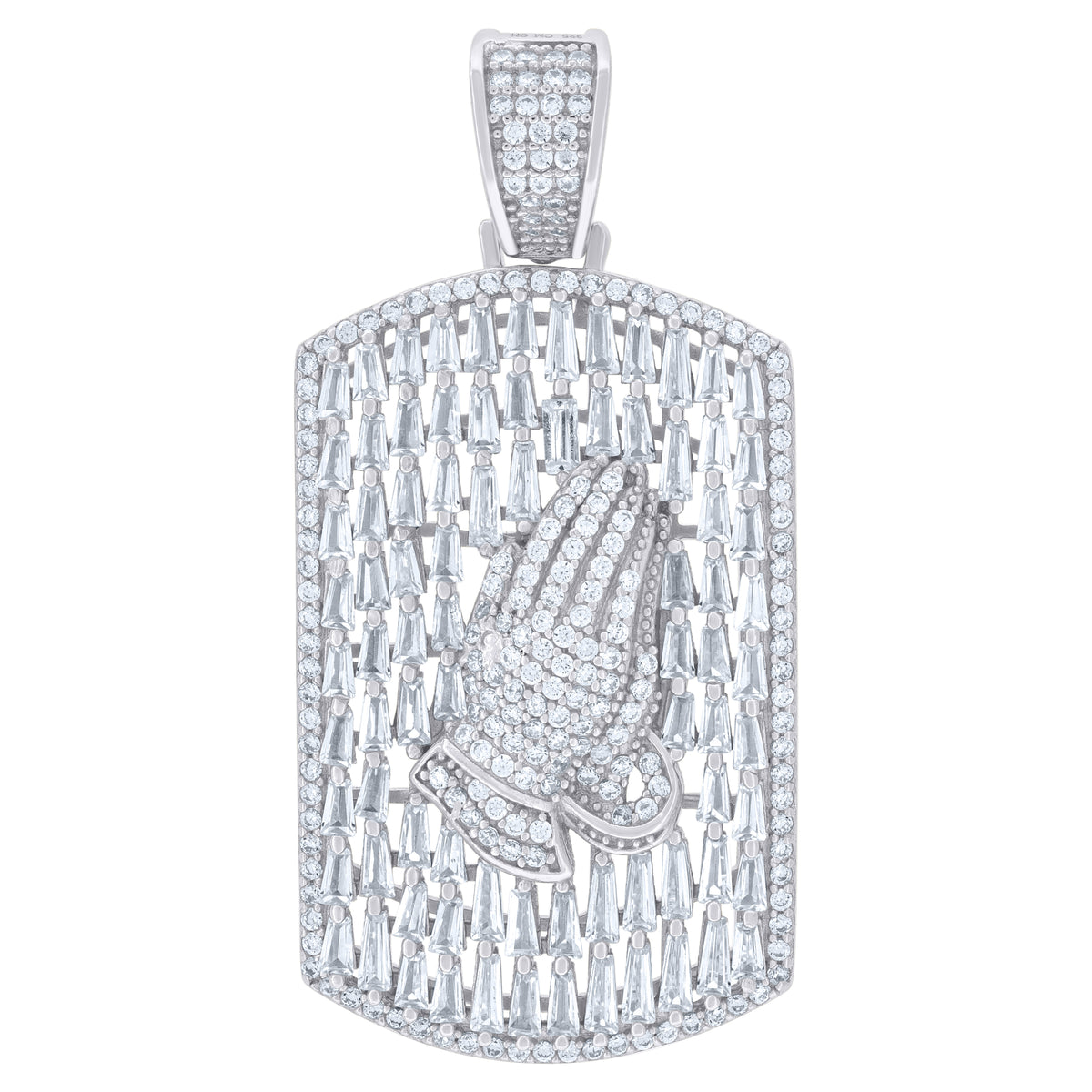 925 Sterling Silver Mens Round & Baguette Cubic-Zirconia Dog Tag Praying Hands Symbol Religious Charm Pendant