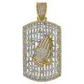 925 Sterling Silver Yellow-Tone Mens Round Baguette Cubic-Zirconia Dog Tag Praying Hands Symbol Religious Charm Pendant