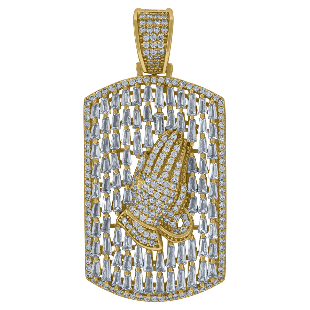 925 Sterling Silver Yellow-Tone Mens Round Baguette Cubic-Zirconia Dog Tag Praying Hands Symbol Religious Charm Pendant