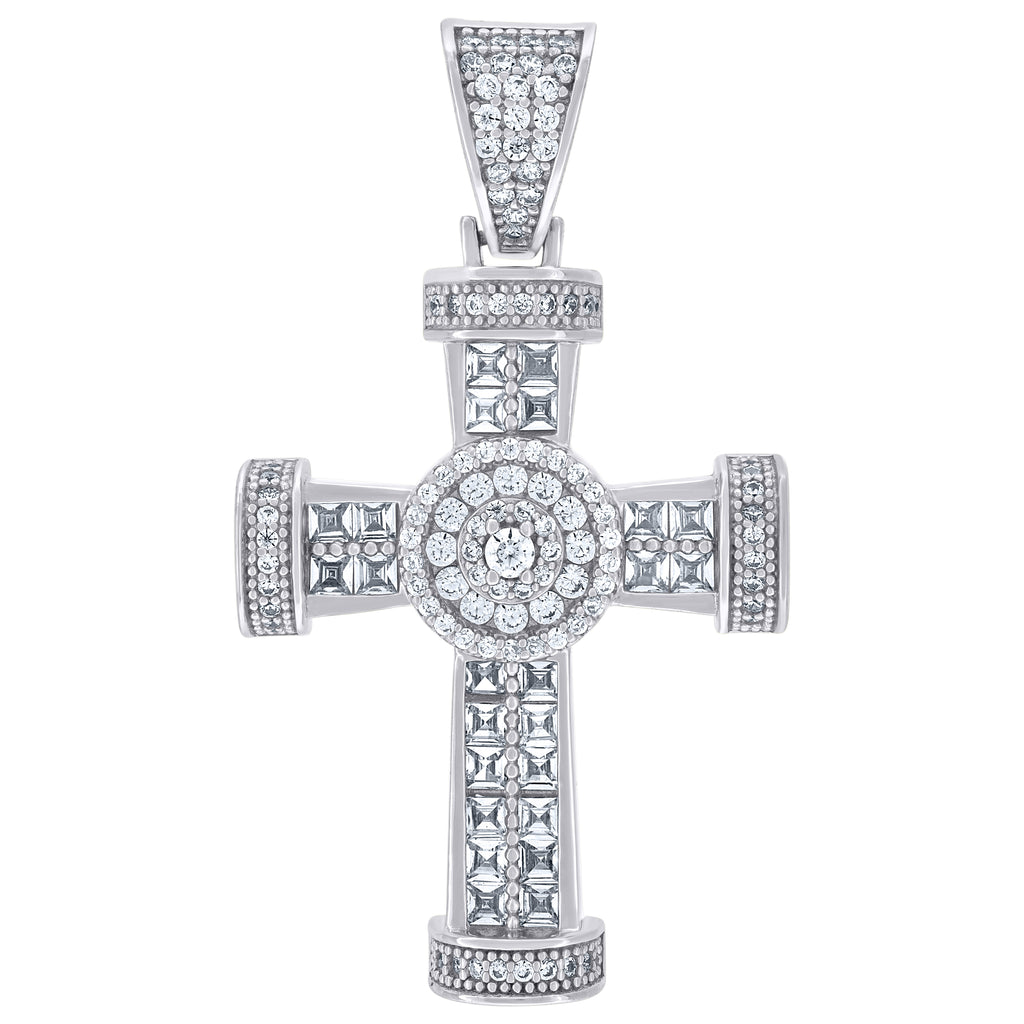 925 Sterling Silver Mens Round & Princess-Cut Cubic-Zirconia Cross Religious Charm Pendant