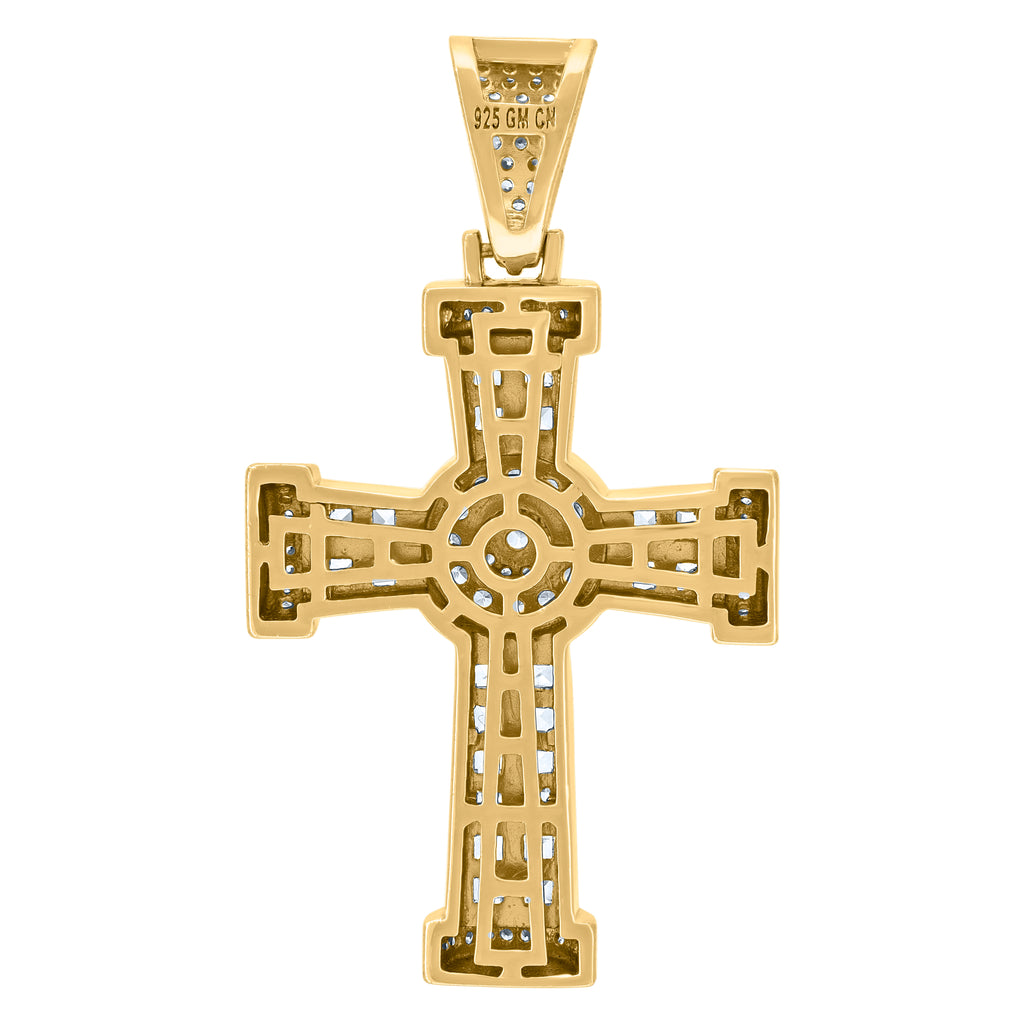 925 Sterling Silver Yellow-Tone Mens Round & Princess-Cut Cubic-Zirconia Cross Religious Charm Pendant
