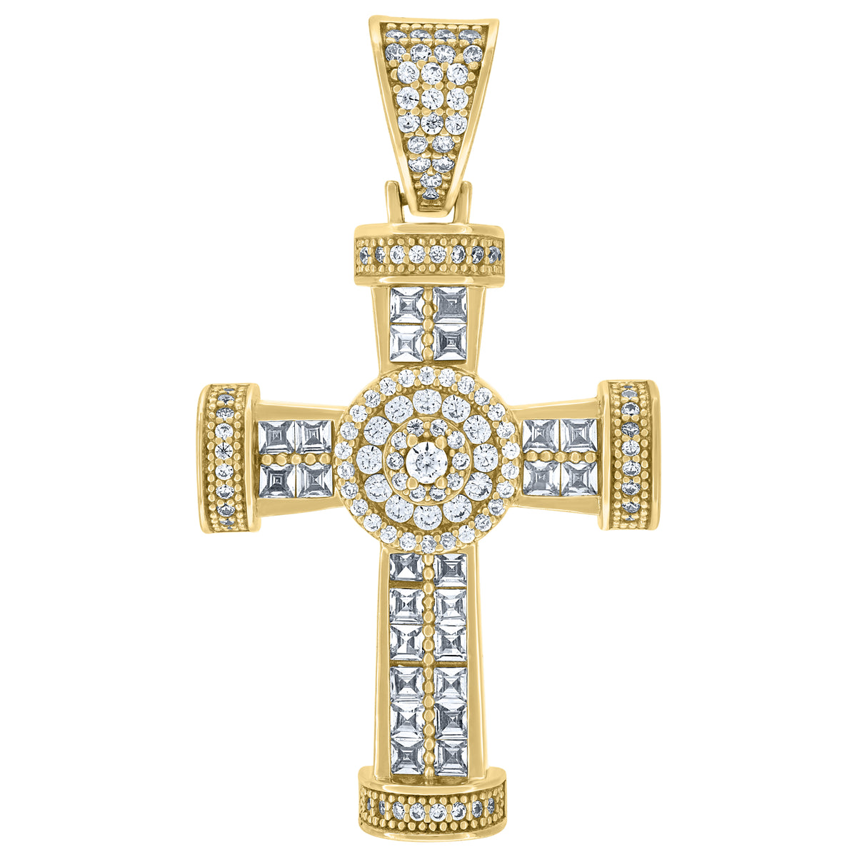 925 Sterling Silver Yellow-Tone Mens Round & Princess-Cut Cubic-Zirconia Cross Religious Charm Pendant