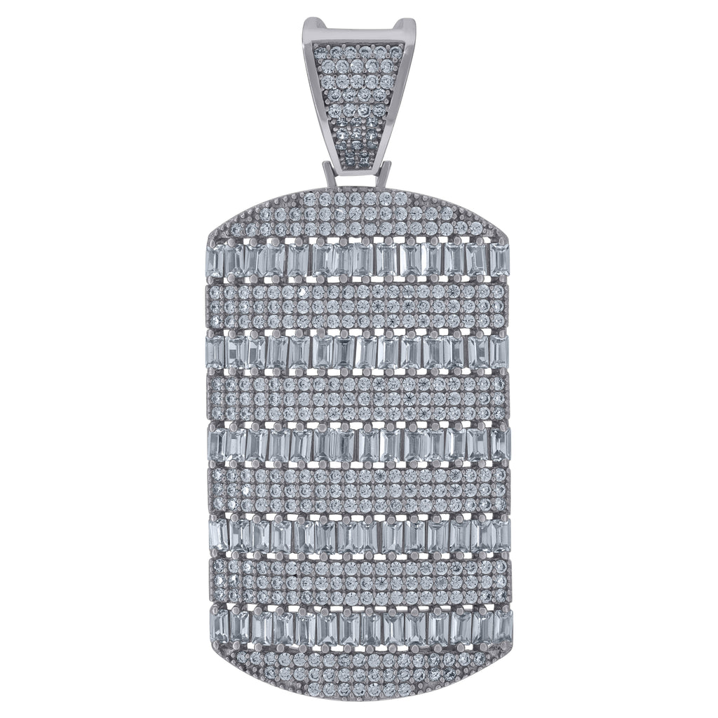 925 Sterling Silver Mens Round & Baguette Cubic-Zirconia Dog Tag Fashion Charm Pendant