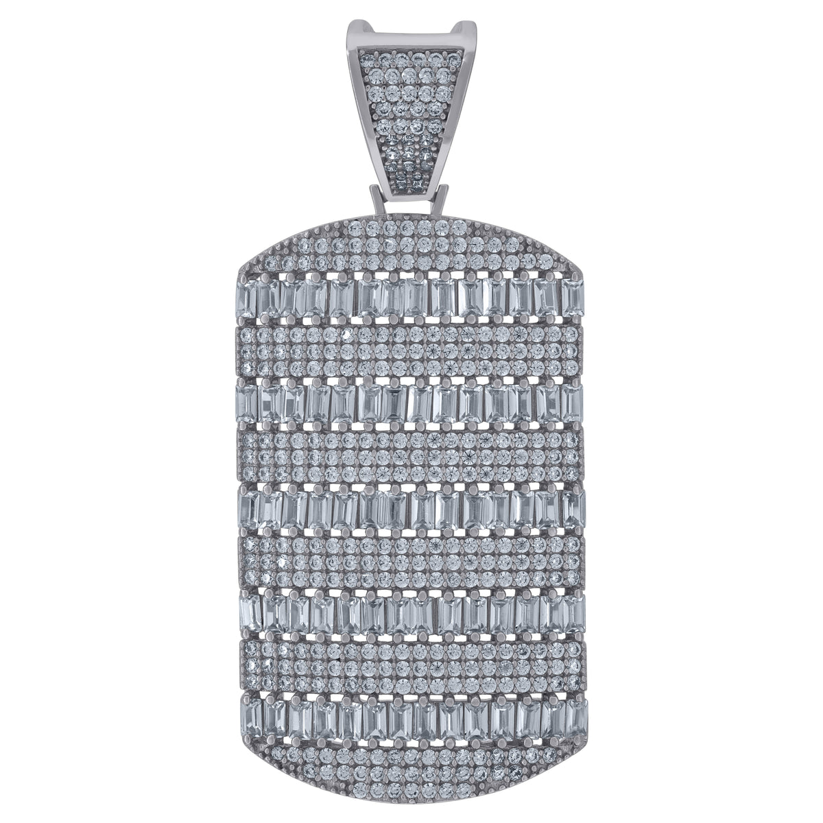 925 Sterling Silver Mens Round & Baguette Cubic-Zirconia Dog Tag Fashion Charm Pendant