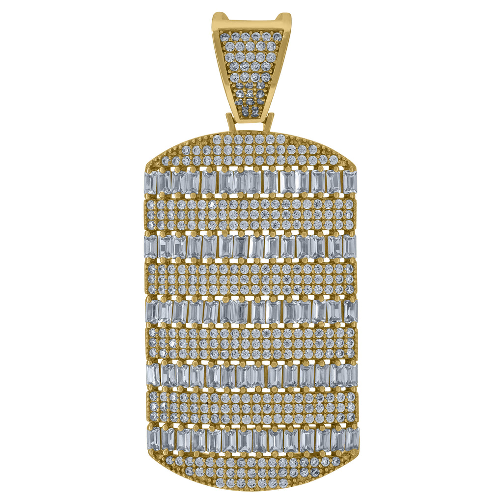 925 Sterling Silver Yellow-Tone Mens Round & Baguette Cubic-Zirconia Dog Tag Fashion Charm Pendant