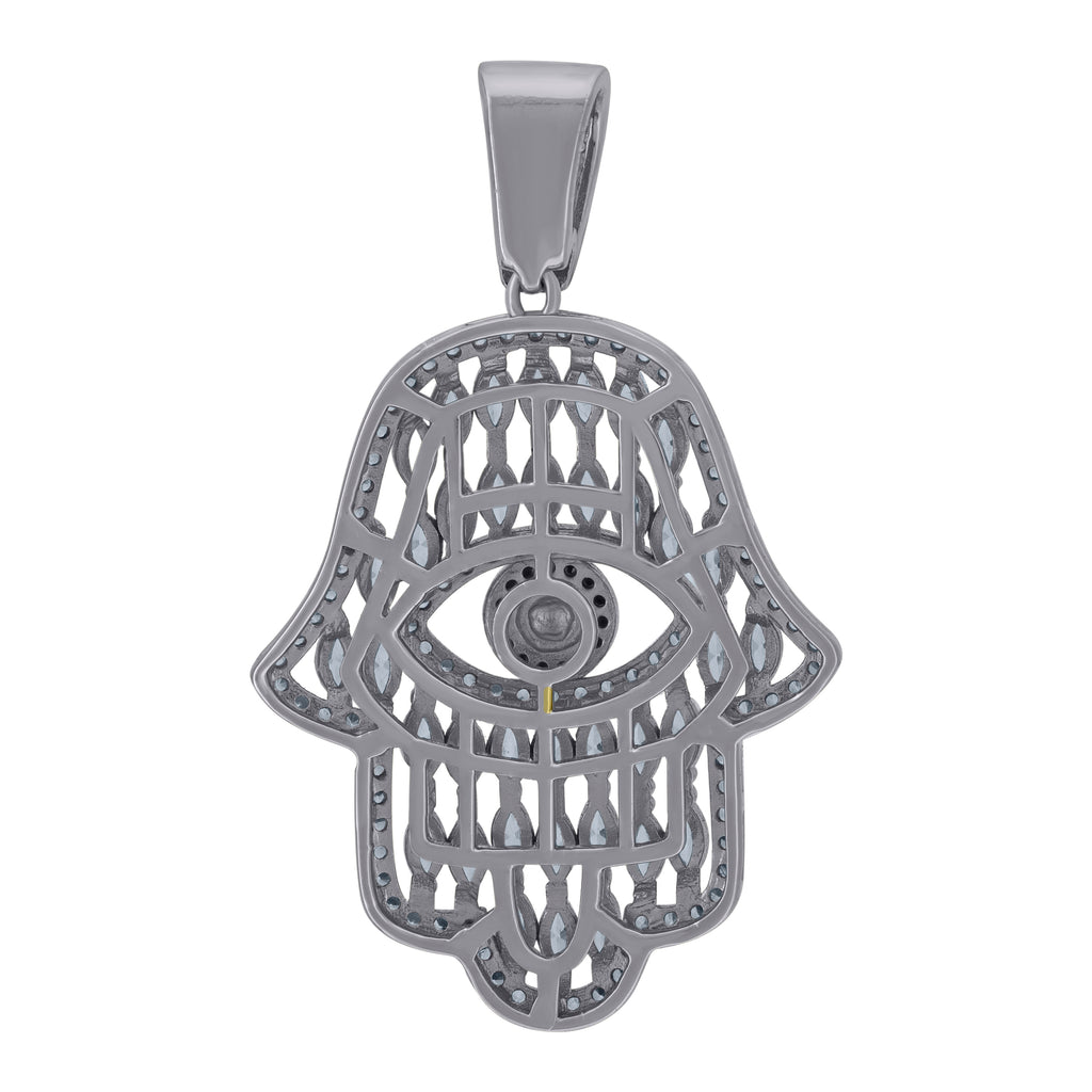 925 Sterling Silver Mens Blue Round & Marquise Cubic-Zirconia Humsa Symbol Religious Charm Pendant