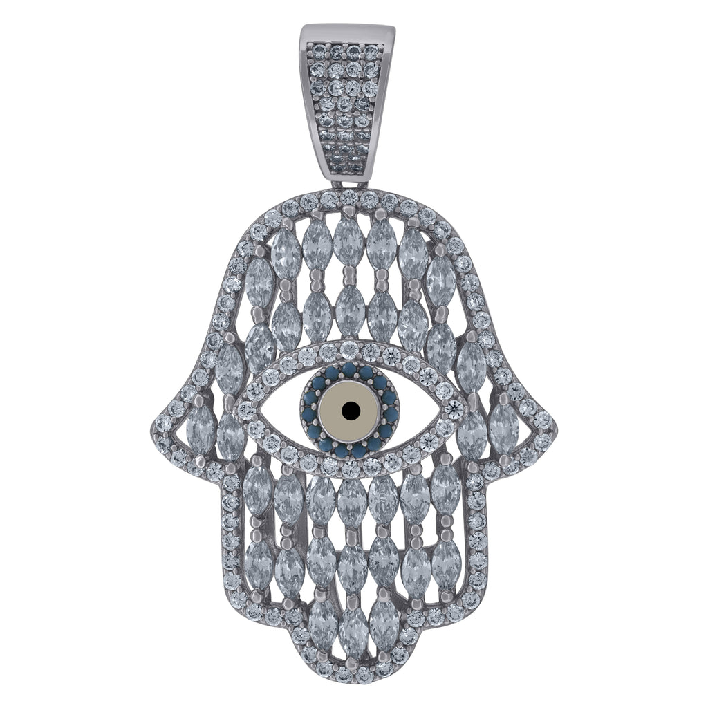 925 Sterling Silver Mens Blue Round & Marquise Cubic-Zirconia Humsa Symbol Religious Charm Pendant