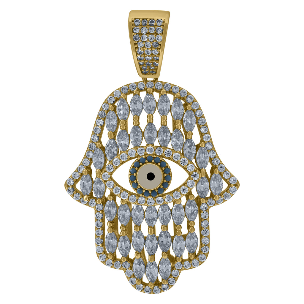 925 Sterling Silver Yellow-Tone Mens Blue Round & Marquise Cubic-Zirconia Humsa Symbol Religious Charm Pendant