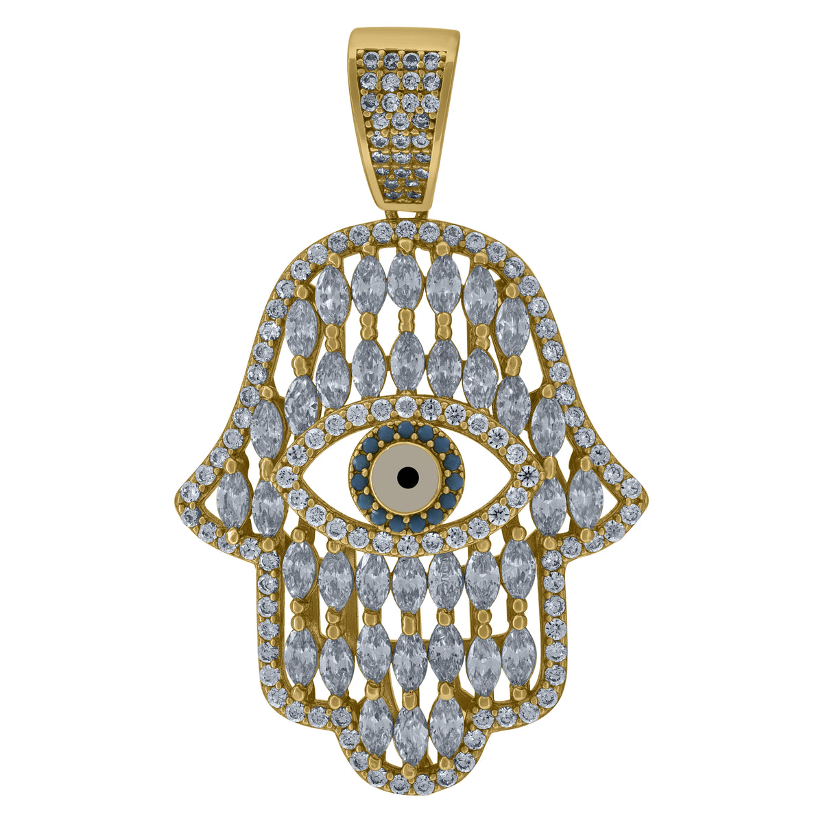 925 Sterling Silver Yellow-Tone Mens Blue Round & Marquise Cubic-Zirconia Humsa Symbol Religious Charm Pendant