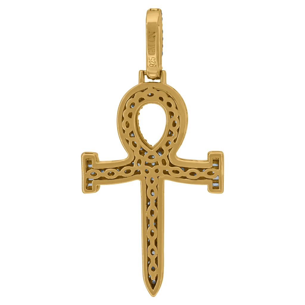 925 Sterling Silver Yellow-Tone Unisex Cz Ankh Cross Religious Charm Pendant