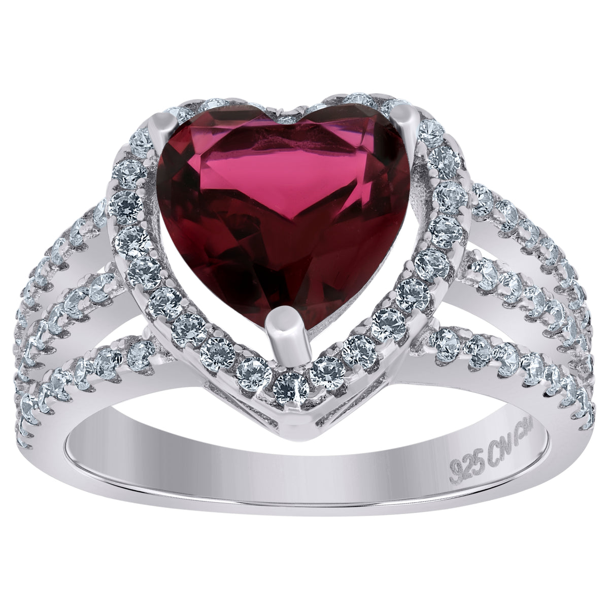 925 Sterling Silver Womens Red Cubic Zirconia Heart Ring Size 9