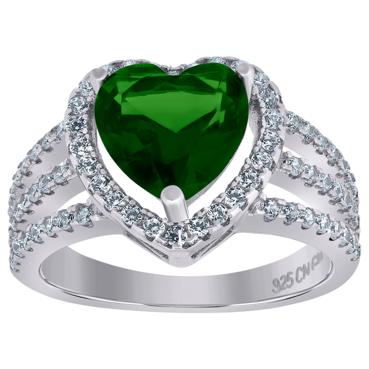 925 Sterling Silver Womens Green Cubic Zirconia Heart Ring Size 7