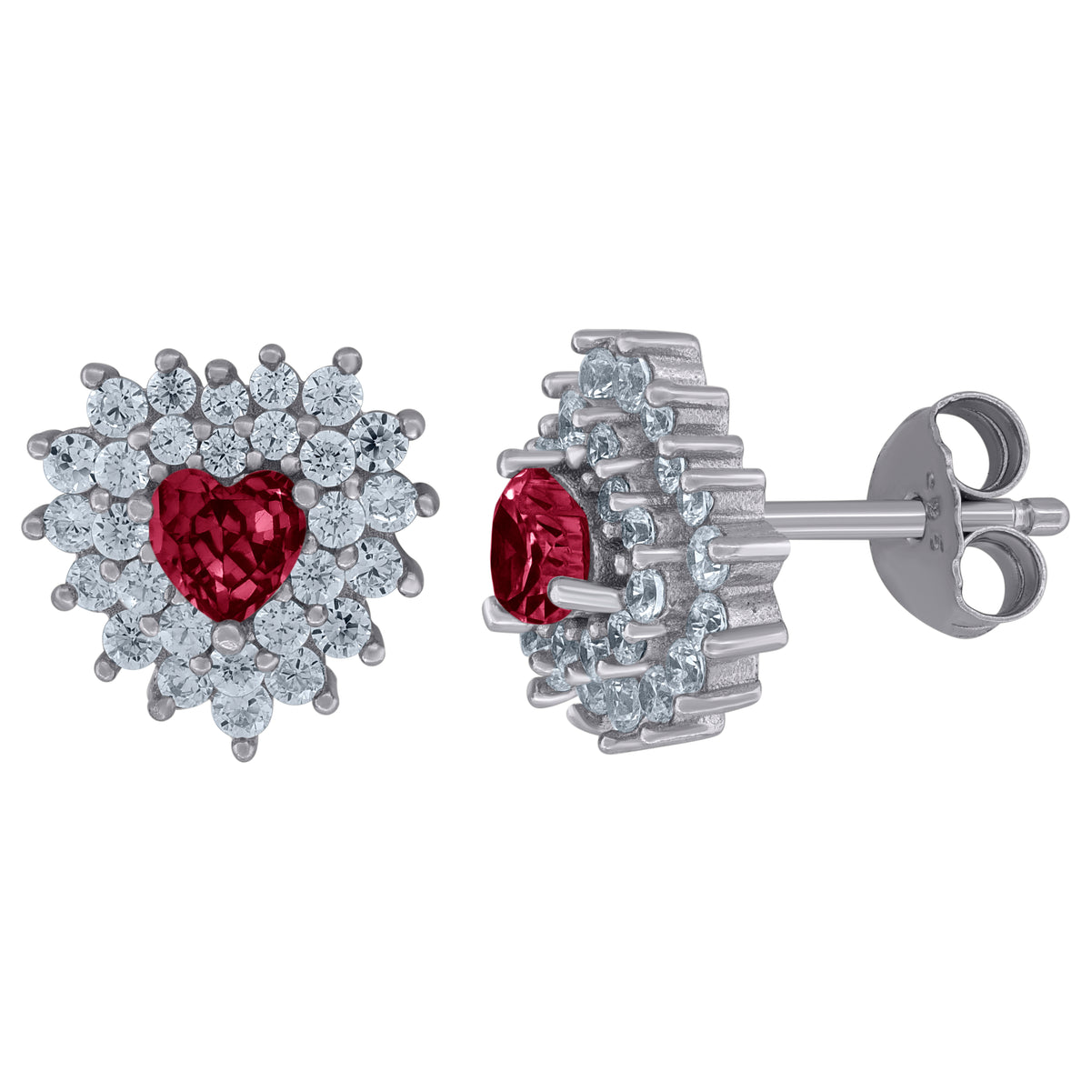 925 Sterling Silver Womens Red Cubic Zirconia Heart Stud Earrings