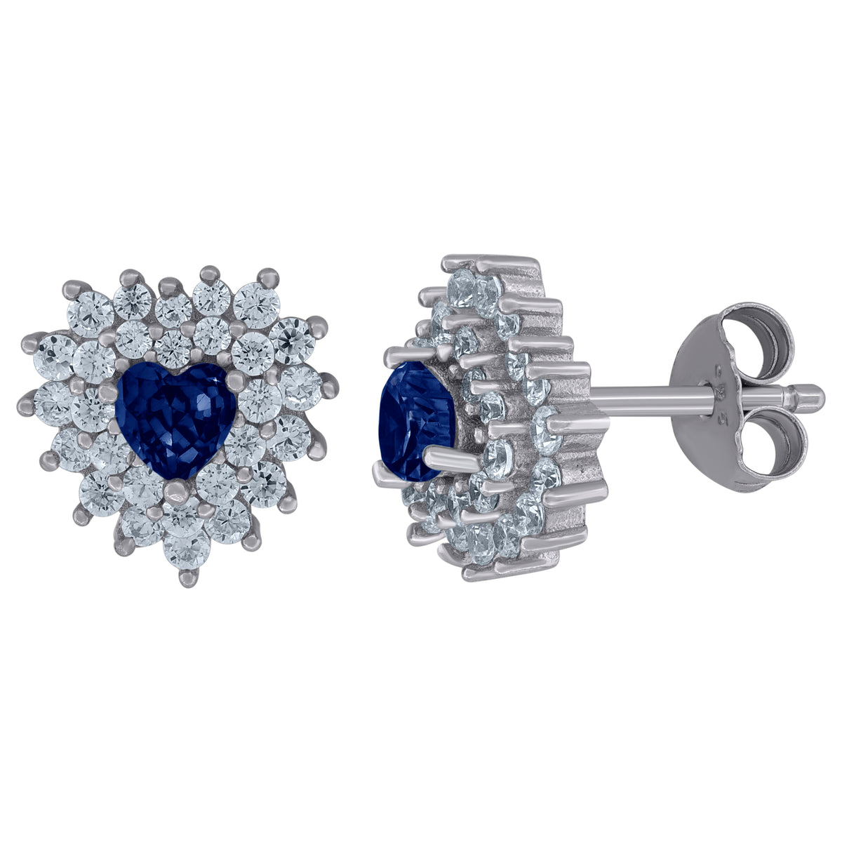 925 Sterling Silver Womens Royal Blue Cubic Zirconia Heart Stud Earrings