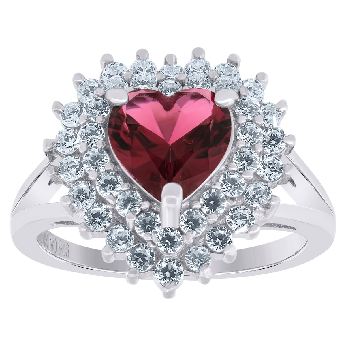 925 Sterling Silver Womens Red Cubic Zirconia Heart Ring Size 9