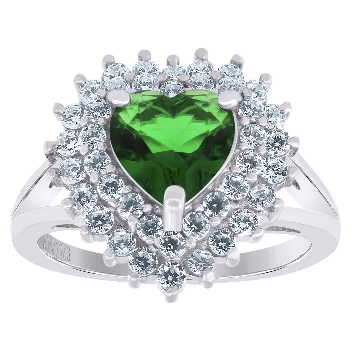 925 Sterling Silver Womens Green Cubic Zirconia Heart Ring Size 6