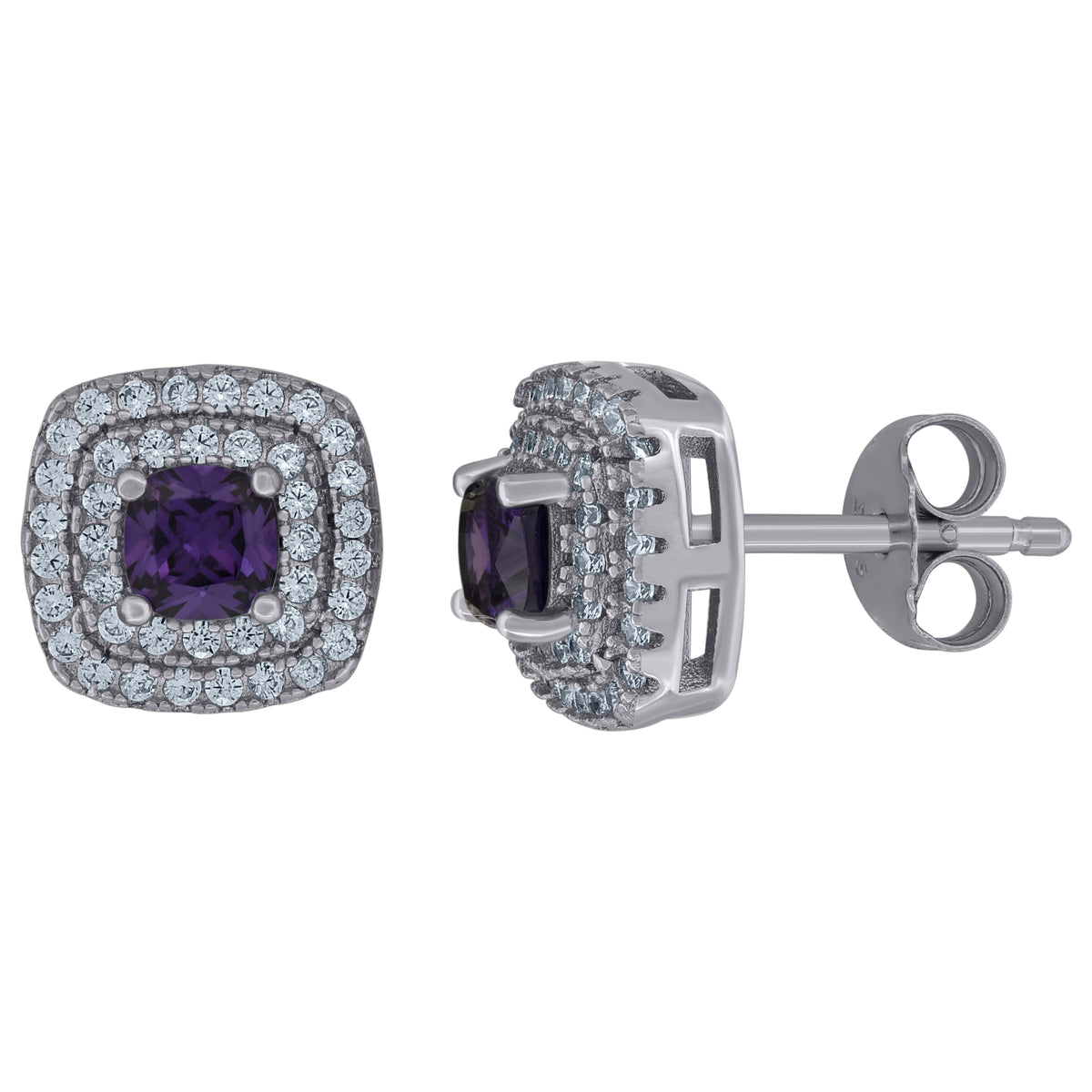 925 Sterling Silver Womens Purple Cubic Zirconia Square Halo Stud Earrings