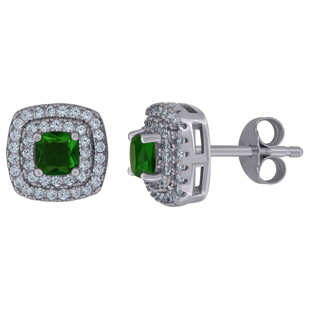 925 Sterling Silver Womens Dark Green Cubic Zirconia Square Halo Stud Earrings