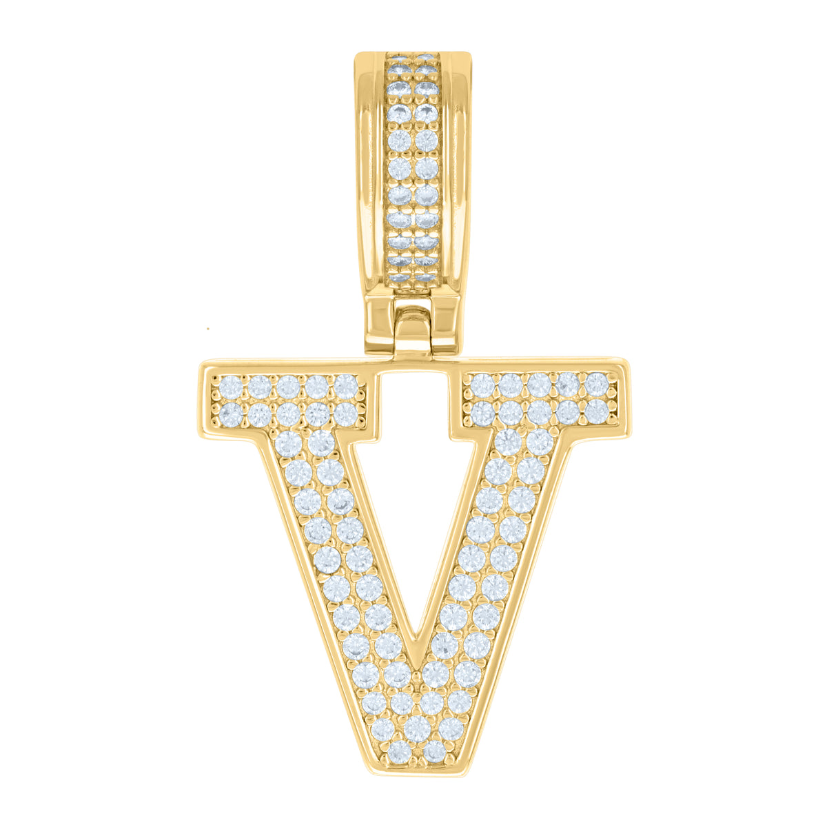 925 Sterling Silver Yellow-Tone Unisex Cubic-Zirconia Initial Letter V Charm Pendant