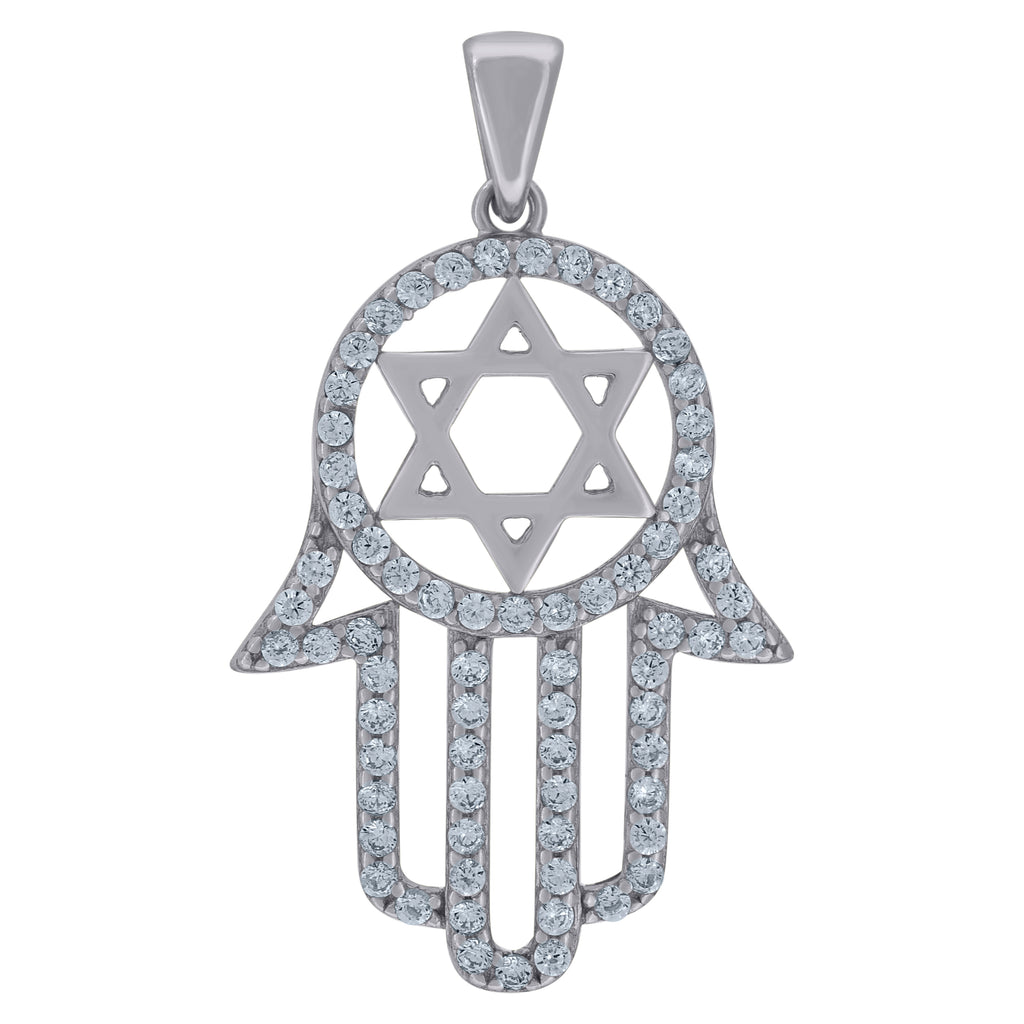925 Sterling Silver Unisex Cubic-Zirconia Humsa Symbol Religious Charm Pendant
