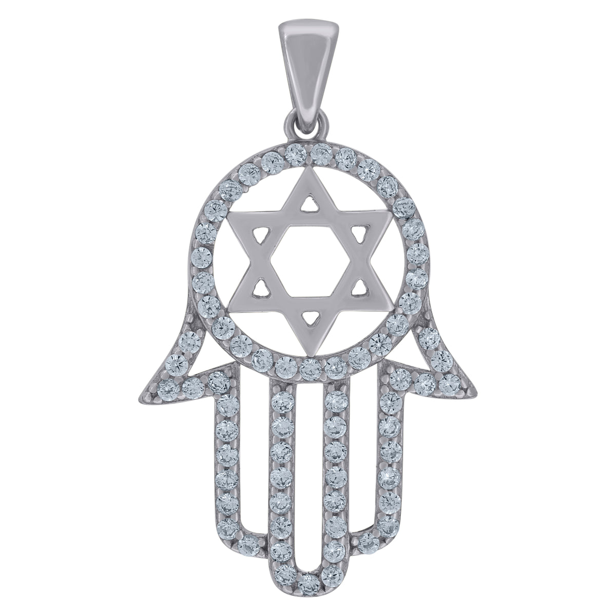 925 Sterling Silver Unisex Cubic-Zirconia Humsa Symbol Religious Charm Pendant