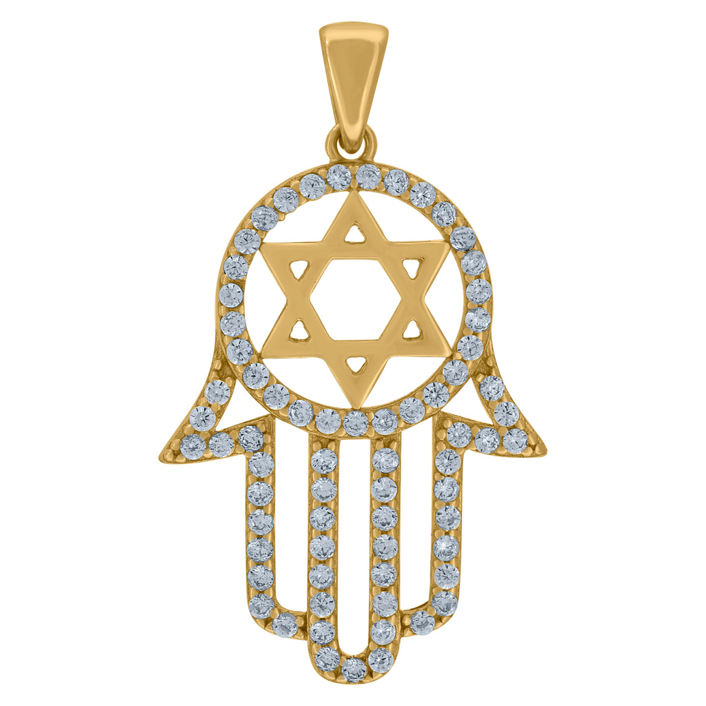 925 Sterling Silver Yellow-Tone Unisex Cubic-Zirconia Humsa Symbol Religious Charm Pendant