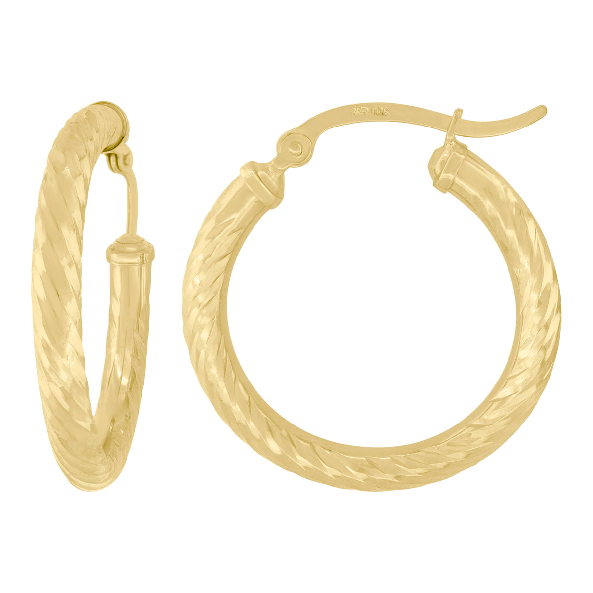 10K Yellow Gold Womens Hollow Round Twisted Tube Hoop Earrings
