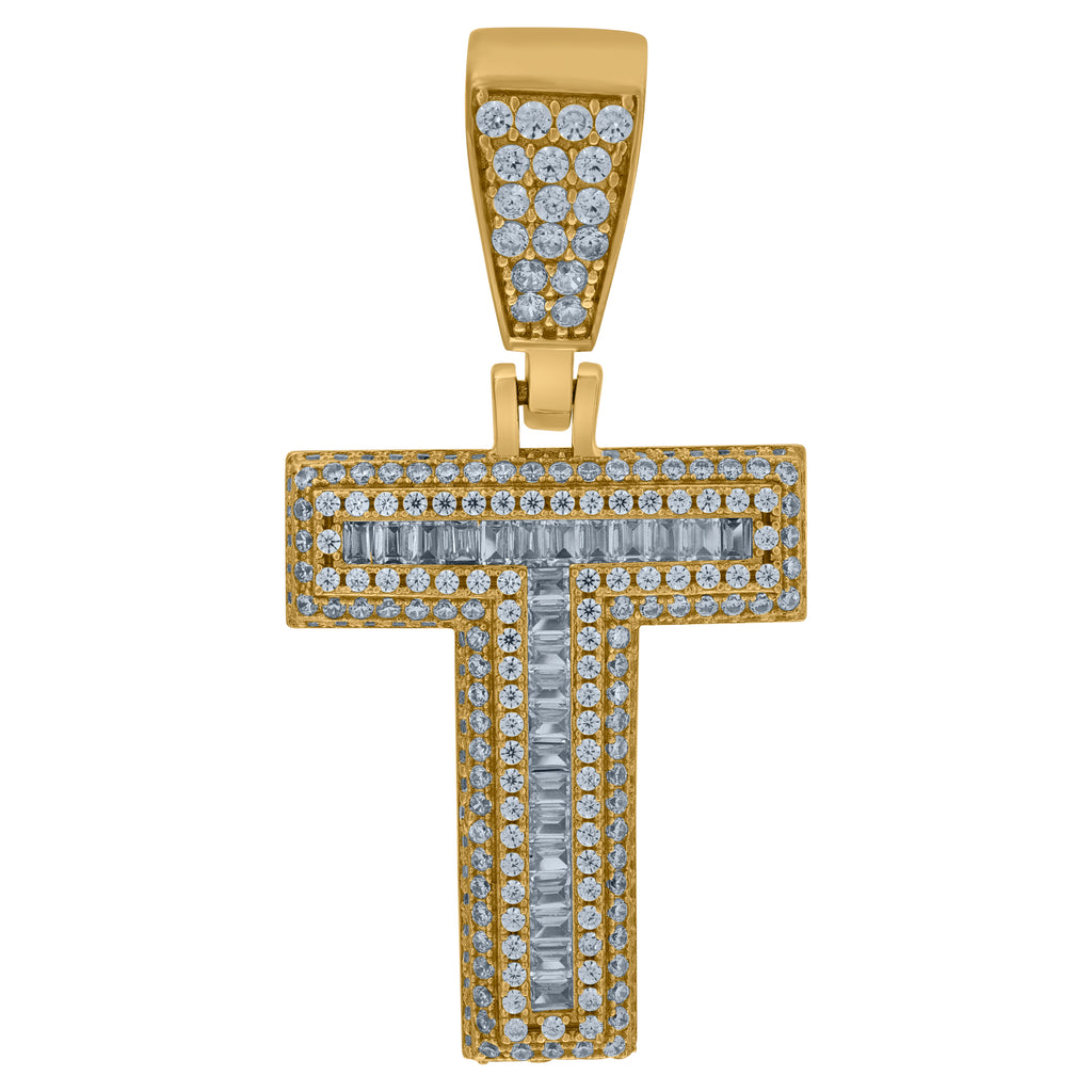 925 Sterling Silver Yellow-Tone Mens Baguette Cubic-Zirconia T Alphabet Initials Charm Pendant