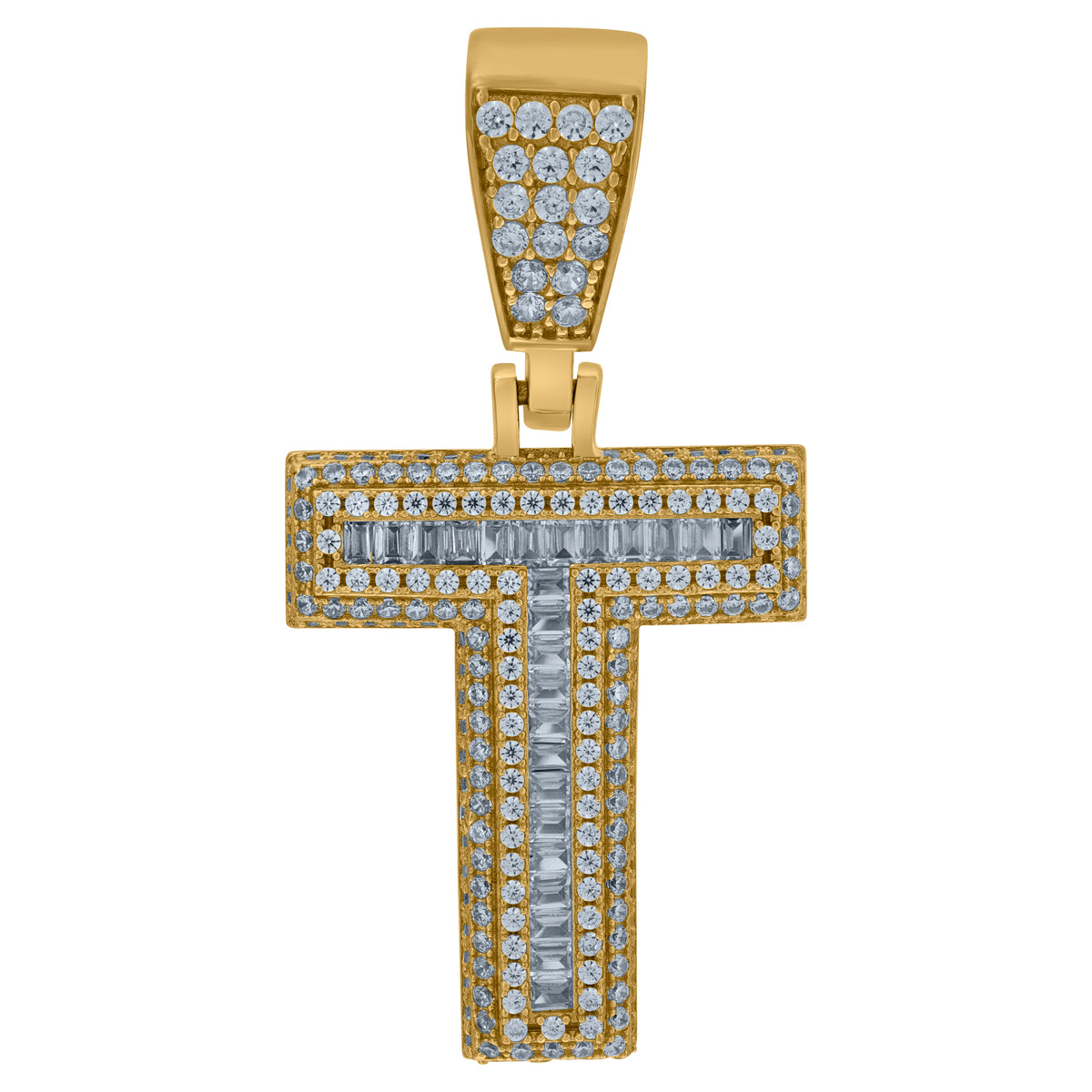 925 Sterling Silver Yellow-Tone Mens Baguette Cubic-Zirconia T Alphabet Initials Charm Pendant