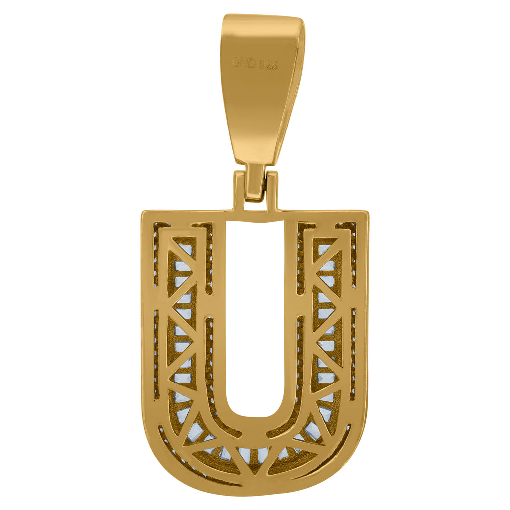 925 Sterling Silver Yellow-Tone Mens Baguette Cubic-Zirconia U Alphabet Initials Charm Pendant